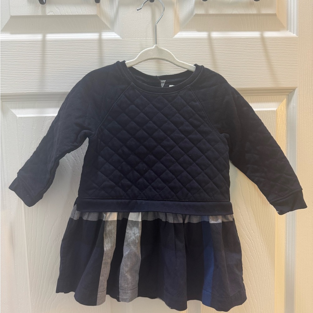 Burberry Children Navy Quilted Top & Plaid Skirt Combo Dress, Size 2 years